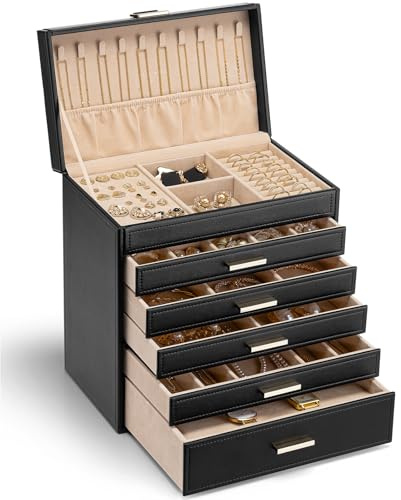 VLANDO Joyero moderno grande, almacenamiento de joyas con 6 niveles, joyero para mujer, para pendientes, anillos, joyas, con cajones, espejo, cojín de reloj, regalo para mujeres