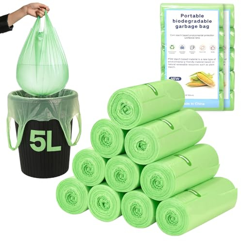 YOMKILU 200 Piezas Bolsas Basura Biodegradable 5L, 10 Rollen 42x55cm Bolsa Basura con Asa, 1.2 Gal Prueba de Fugas Bolsas de Basura para Sala de Estar, Cocina, Baño, Oficina, Verde