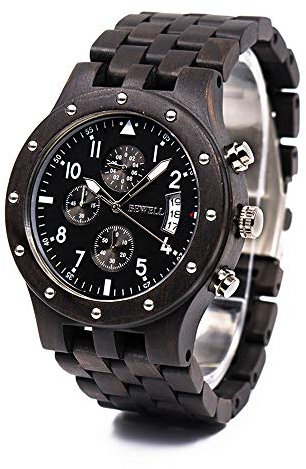 BEWELL Herren Natur Hölzerne Uhr Multifunktionale Quartz Analog Armbanduhr mit Kalender Anzeige Chronograph-Funktion Hölzerne Armband für Männer(Ebenholz)
