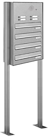 AL Briefkastensysteme 4er Edelstahl Durchwurfbriefkasten mit Klingel, Standbriefkasten modern, 4 Fach Briefkastenanlage V2A Edelstahl Postkasten