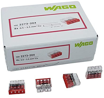 100 Stück Wago 2273-204 COMPACT-Verbindungsdosenklemme Ø 0,5-2,5 mm², 4-polig, transparent/rot