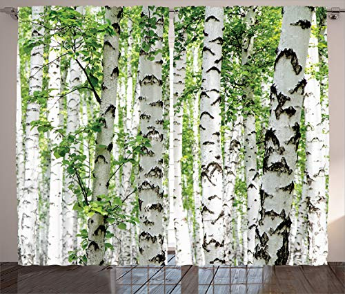 ABAKUHAUS Wald Rustikaler Vorhang, Tier-Natur-Sommer, Wohnzimmer Universalband Gardinen mit Schlaufen und Haken, 280 x 260 cm, Weiß Grün
