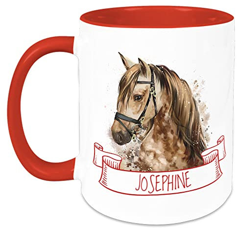 GRAZDesign Tasse mit Namen Kinder, Kindertasse Pferd Waldtiere Geschenk personalisiert, personalisierte Trinkbecher Kindergeschirr Becher Rot, Keramik, 330ml
