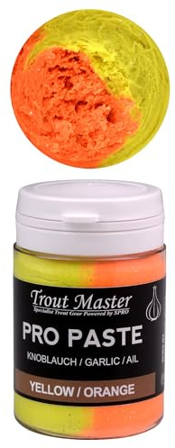 Spro Trout Master Pro Paste Pâte de truite flottante active aux UV pour un succès maximal de pêche, Appât de pêche à la truite pour grosse truite, truite bait (jaune et orange/garlic)