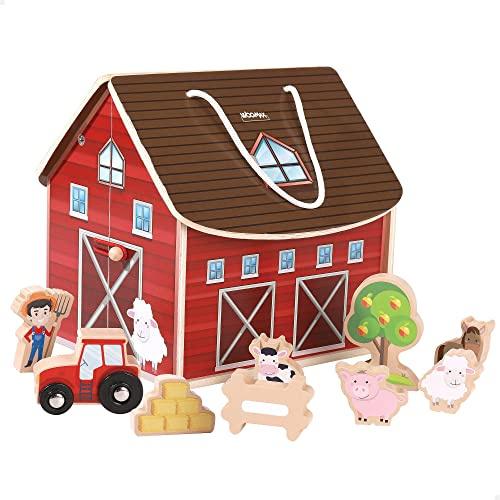 WOOMAX 49371 - Granja de animales de juguete de madera, 9 piezas, con asas para transportar, +3 años