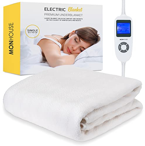 MONHOUSE Premium Soft Fleece Electric Blanket - Heated Under Blanket - Single 90x190cm - Fully Fitted Heated Mattress Cover - Detachable & Machine Washable - Controller Multi Zones, 9 Heat Settings