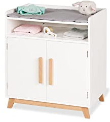 PINOLINO Puppenwickeltisch Marit, Puppenmöbel aus Holz, skandinavisch, weiß und klar lackiert, inkl. Wickelauflage, 2 Türen, 1 Fach, für Kinder ab 2 Jahren, 52x40x59 cm