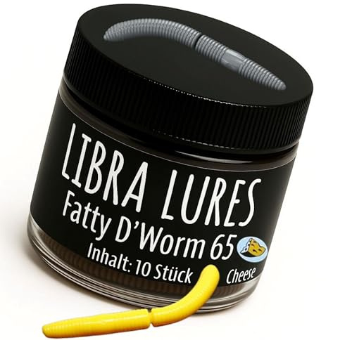 Libra Lures Fatty D`Worm 65mm Forellenköder Supersoft | 10 Stück | Aroma: Käse | Farbe: 007/ Yellow | Gummiköder | Forellenköder Neuheiten | Erfolgreicher Forellen Angeln mit dem Fatty