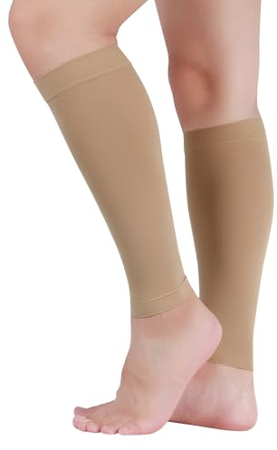 Lin Performance 20-30 mmHg Medical Calf Compression Sleeve for Women and Men Lightweight Footless Socks for Travel Flight Daily Comfort（Beige,M）
