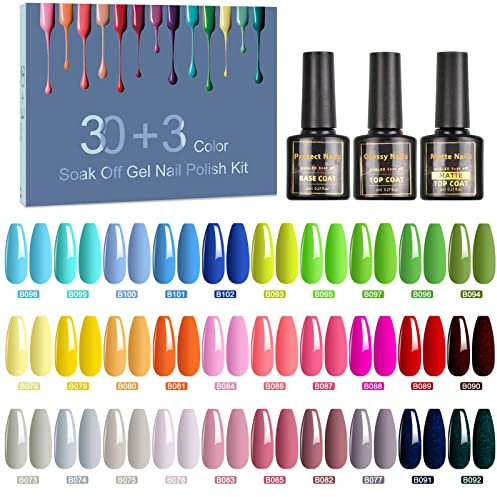 SHOWNAIL 33 Pcs Vernis à Ongles Semi-Permanent, UV LED Gel Kit, 30 Couleurs Vibrant, avec Base, Top Coat et Mat Top Coat, 8ml