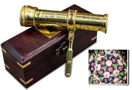 Sailor's Art Polished Brass Kaleidoscope with Handheld Stick & Wooden Box, Educational Vintage Collection, Antique Birthday Gift, Solid Brass 5.5 Inch for Adults & Friends
