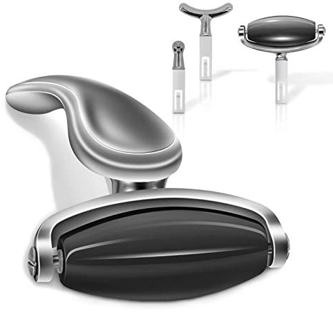 Rouleau de Massage Facial en Pierre de Jade, 3 en 1 Jade Face Roller, Masseur Facial pour la Peau, les Yeux et le cou (Noir + argent noir)