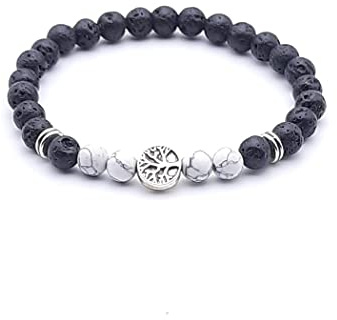Bracelet Patience et Reconstruction Pierre de Lave et Howlite blanche avec Arbre de Vie en Pierres Naturelles | Taille personnalisée de 12 à 22 cm au choix | Perles rondes 6 mm | Artisanat Français