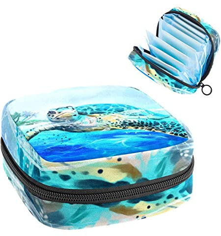 Meeresschildkröte Schwimmen Sommer Periode Tasche Tragbar Tampon Aufbewahrungstasche für Damenbinden, Mehrfarbig, 4.7x6.6x6.6 in/12x17x17 cm