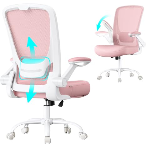 SONGMICS Silla de Oficina, Silla de Escritorio de Malla, Silla Giratoria Ergonómica, Soporte Lumbar, Oscilante, Asiento de 53 cm, Apoyabrazos Abatibles, Rosa Pastel OBN037R01
