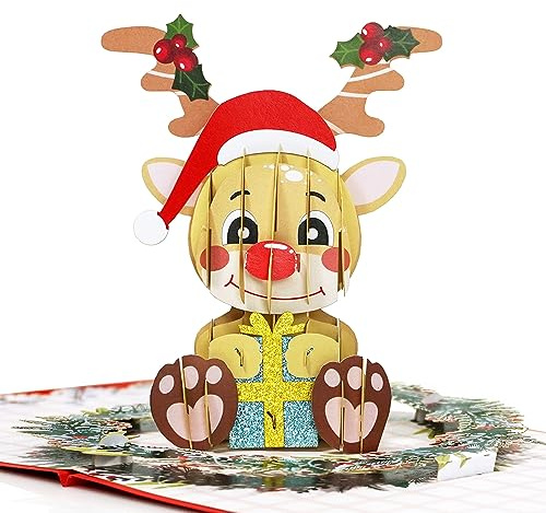 CUTPOPUP Rentier - Weihnachtskarten 3D, Weihnachtskarte 2024, Pop Up Karte Weihnachten, Weihnachtskarten mit Umschlag (Reindeer) CN262DE
