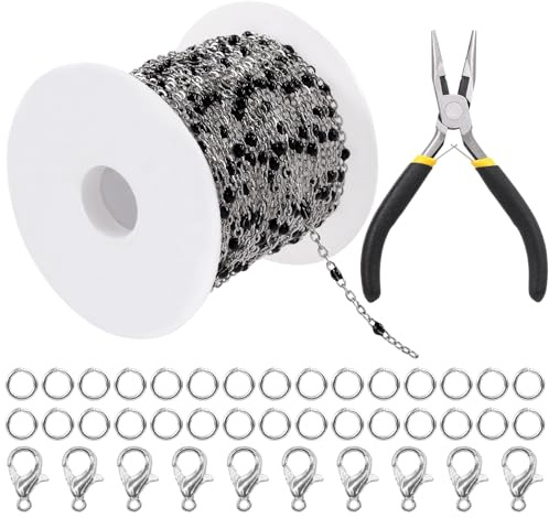 Swpeet 42Pcs 16 Ft/5M Silver Jewelry Chain 304 Stainless Steel Soldered Black Beaded Link Cable Chain Necklace Bulk with 10 Lobster Clasps, 30 Jump Rings, 4'' Pointed Nose Pliers for Jewelry Making