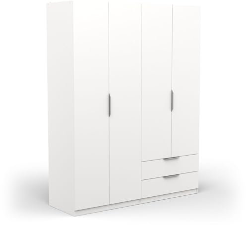 Demeyere Armoire Dressing avec Penderie Moderne 4 Portes 5 Etagères 2 Tiroirs – Coloris Blanc Mat - 157,3 x 51,1 x 203 cm
