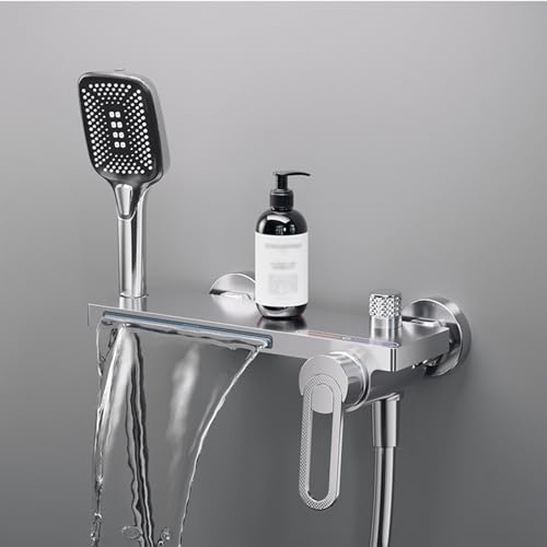 XJTNLB Wannenarmatur Wasserfall Bad Armaturen Badewanne Mischbatterie Wandmontage Badewannenarmatur mit 3 Modi Handbrause Chrom