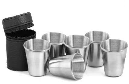 Omana Stainless Steel Shot Glasses (Set of 6) – Shatterproof Metal Travel Cups with Premium Stackable Design & Portable Carry Pouch – Reusable for Camping, Hiking, Coffee, Beer & Spirits (170ml)