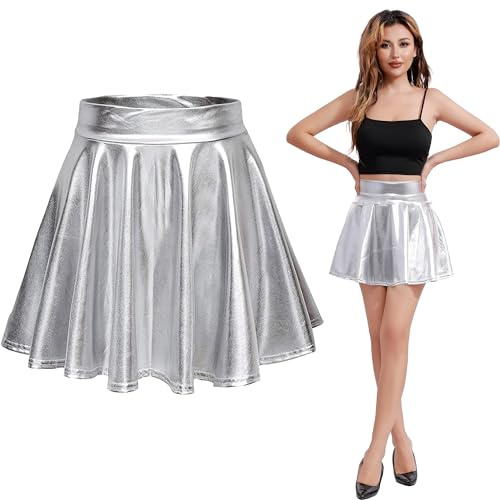 Falda Brillo Mujer Cintura Alta, Falda Metalizado Mujer Brillante No Transparenta No Aarruga, Minifalda MetalizadaSexy Falda Corta para Baile Club Danza Disfraz (XL, Falda Metalizada Plateada)