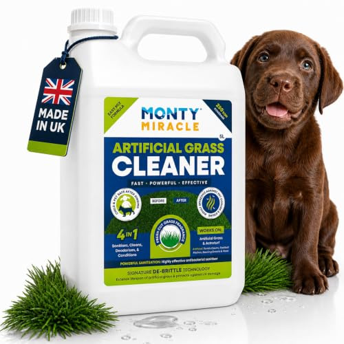 Monty Miracle Artificial Grass Cleaner 5L - Pet Safe Dog Urine Odour Eliminator - Covers 250m² - UV Protection De-Brittle Technology - BS EN 1276 Certified - UK Made Fresh Cut Grass Scent