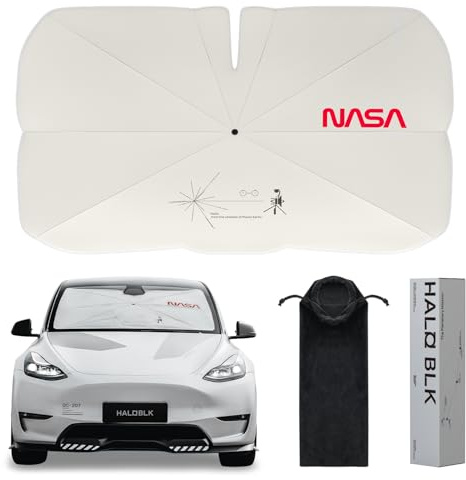 HALOBLK Reinforced Triple-Coated Windshield Sunshade Umbrella of The NASA Voyager-2 Mission Edition Designed for All Tesla Model Y Model 3 (2026 2025 2024 2023 2022 2021) Accessories
