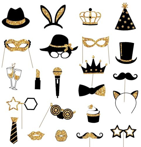 SRTSTR 24 Pcs Accesorios Photocall para Cumpleaños, Comunión y Fiesta - Photo Booth Props Mixtos: Copa de Vino, Pintalabios, Corbata (Oro Negro)