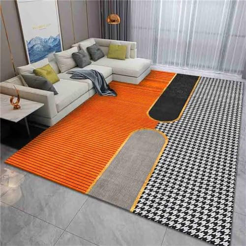 RUGMRZ Flickenteppich Waschbar Terrasse Deko Orange-graue geometrische Designlinien dekorative Rechtecke pflegeleicht Kinderteppich Mädchen 160X230CM