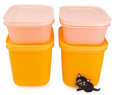 Tupperware Gefrier-Behälter Eiskristall 2x 1,1 L orange + 2x 450 ml lachs Lebensmittelaufbewahrung für Kühlschrank und Eisfach (inkl. 1x Katzenmagnet) Eis-Kristall