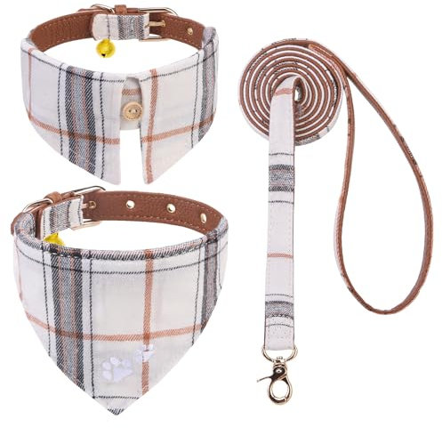 EXPAWLORER Hundehalsband und Leine, Set mit Stickerei, Pfotenabdrücke, kariert, Hundeleine und Halsband, niedliches Hundehalstuch mit Glöckchen, Hundehalsbänder für kleine, mittelgroße Mädchen,