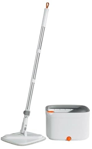 AT Spin Mop & Bucket Set – Dual Chamber & Self-Wringing 360° Rotating Microfibre Floor Mop for Tile, Laminate & Wood – Adjustable Handle & 2 Mop Refills