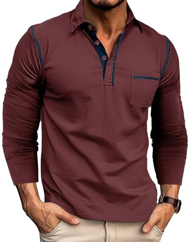 Rodawu Mens Long Sleeve Polo Shirts Cotton Polo T-Shirts Golf Tops Grandad T Shirt Red Polo Shirt Men L
