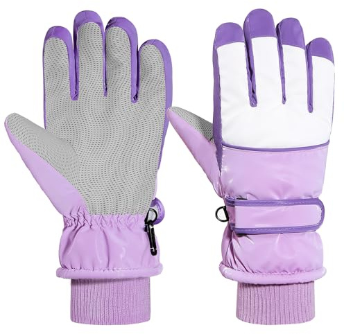 MoKo Handschuhe Kinder, Winterhandschuhe Kinder Wasserdicht, Skihandschuhe Kinder mit Elastisch Bündchen für 6-15 Jahre, Warme Winddicht Schneehandschuhe Kinder für Snowboard Laufen Radfahren, Lila M