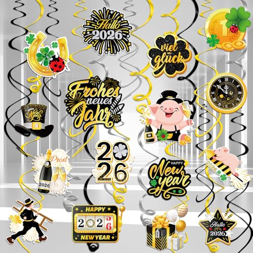 DPKOW Silvester Deko 2027 Silvester Hängende Wirbel Dekoration, Neujahr Spiral Hängedeko Silvester Girlande Luftschlangen Glücksschwein Kleeblatt Silvester Deckenhänger Happy New Year Deko 2027, 30stk
