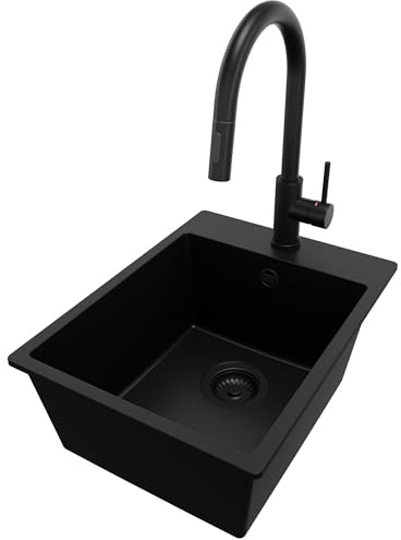 PRIMAGRAN Fregadero Granito al Mueble 40cm + Grifo, 38x50cm | Set: Grifo BW9010 + Kit de desagüe (sifón, válvula, rebosadero) + Riga 1 Seno para Cocina, Todo Negro