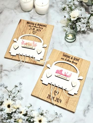 personalisiertes Geldgeschenk Auto/Dosen zur Hochzeit Just married, mit Trockenblumen und Wunschtext, Hochzeitsdatum, Namen, Mitbringsel
