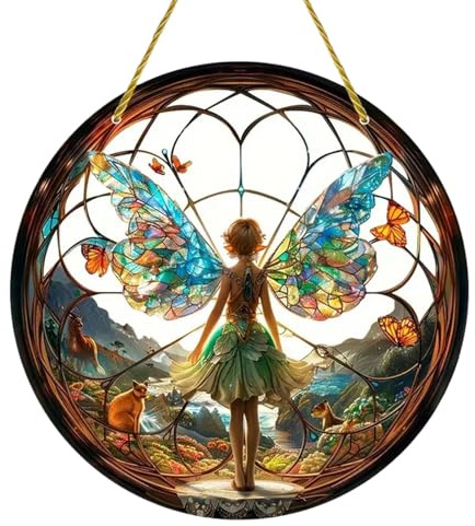 Tyinerc Sonnenfänger Schmetterling, getönt, Feen-Sonnenfänger, Acryl, rund, Vintage, Fee, Feen-Anhänger, bunt, für Fenster, Balkone, Zimmer