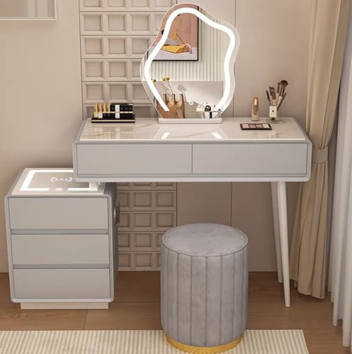 Schminktisch-Set mit abnehmbarem Spiegel, gepolsterter Hocker, Beistellschrank, ideal für Mädchen und Frauen, perfekt für Schlafzimmer oder Ankleidezimmer, Hellgrau, Größe 100,5 x 40 cm, Weiß