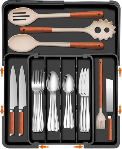 ZHUIYIWIN Organizador de cajones de cubiertos, organizador de cajones de cocina expandible, bandeja de utensilios expandible con 2 bloques de cuchillos extraíbles, organizador de utensilios para