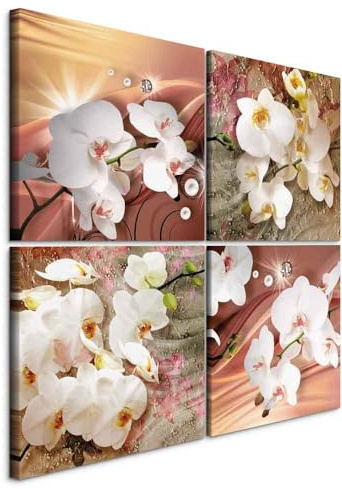 B&D XXL - Ensemble de 4 tableaux d'art décoratif 80x80 cm - Tableau acoustique panneau insonorisant impression sur toile - Orchidées aux tons chauds délicats naturels floraux zen b-C-10454-b-a