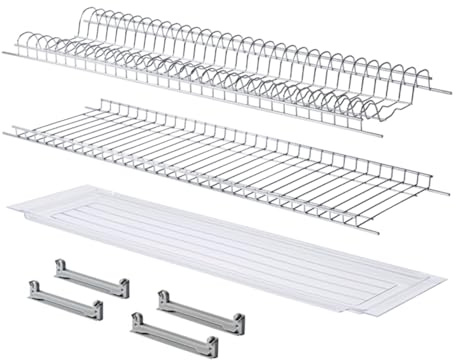 API Scolapiatti Griglie con Vaschetta Raccogligoccie per Pensili Cucina Acciaio cromo Kit con Staffe Griglia bicchieri piatti (56 CM per pensile da 60 CM)