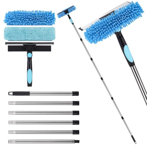 2.5m/7Ft Extendable Window Cleaner, 2-in-1 Window Cleaning Equipment, 86.6Inch Telescopic Long Window Cleaning Tool for High Windows Car Glass, with 2 Microfiber Cloth & Squeegee Blade