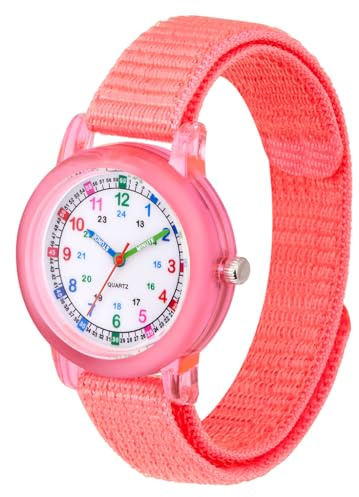 Brecjon Kinder Armbanduhr Mädchen Lernuhr Einschulung analog Quarz Wechsel Klett Armband Nylon Varianten rosa violett türkis