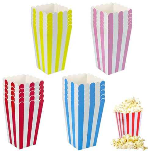 YAZWUR 20 Pezzi Sacchetti per Popcorn, Contenitori di Carta per Popcorn a Strisce, Scatole Colorate per Popcorn per Snack, Casa, Cinema, Feste (Piccolo) (4 Colori)
