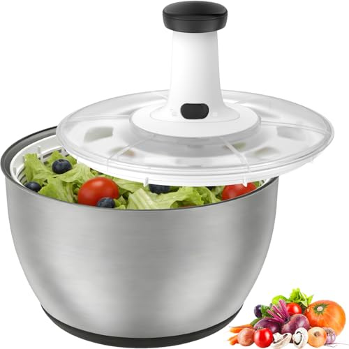 Vihoom Essoreuse à Salade Acier Inoxydable, 6L Grande Capacité Essoreuse Salade avec Saladier et Base Antidérapante, sans BPA, Lave et sèche Rapidement Les légumes et Les Fruits