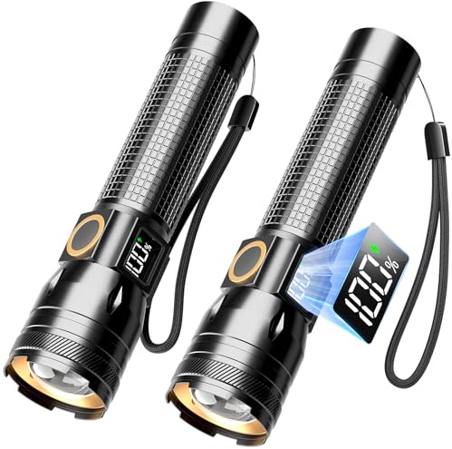 Sogdeco 3000 Lumens LED Torch 2 Pack, 2000mAh Rechargeable Adjustable Focus | 5 Lighting Modes, Instant Shut-Off, 19H Runtime, Waterproof, Small Powerful Torches for Emergency/Camping/Walking/Power Cuts