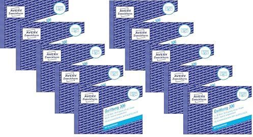 AVERY Zweckform 306 Quittungsblock (A6 quer, 2x50 Blatt, mit Durchschlag, fälschungssicher, separat ausgewiesene MwSt., für Deutschland und Österreich) weiß (10 Stück | mit MwSt)