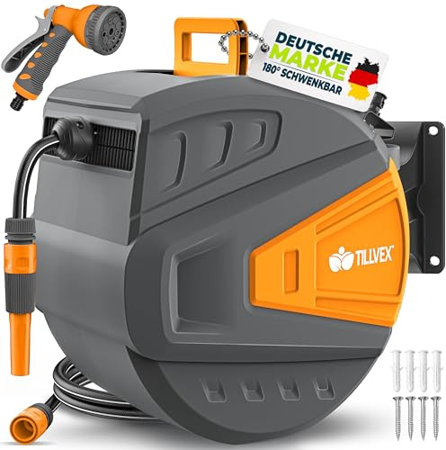 tillvex Enrouleur de Tuyau d'arrosage pour Jardin 20+2m avec support mural + poignée | Dévidoir pour tuyau avec pistolet à eau et tuyau d'arrosage | Pivotant à 180° (Anthracite/Orange, 15m)