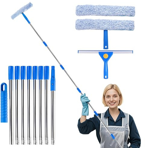 Window Cleaning Pole Squeegee Kit - 3m Window Cleaning Equipment Cleaner Tool with Long Handle Glass Cleaning Tools with Silicone Squeegee Microfiber Scrubber, for Shower Glass Mirror Door Car